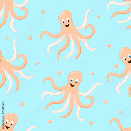 Seamless octopus pattern on blue background. Wallpaper background for kids.