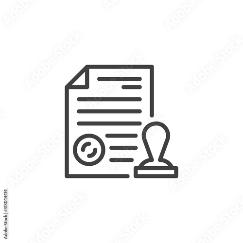 Document file with an official stamp line icon. linear style sign for mobile concept and web design. Agreement contract approval outline vector icon. Symbol, logo illustration. Vector graphics