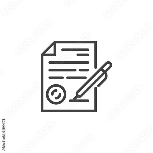 Contract signing line icon. linear style sign for mobile concept and web design. Contract document file and pen outline vector icon. Agreement, deal symbol, logo illustration. Vector graphics