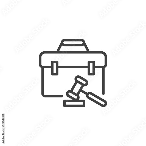 Judge gavel and briefcase line icon. linear style sign for mobile concept and web design. Law gavel and attorney briefcase outline vector icon. Symbol, logo illustration. Vector graphics