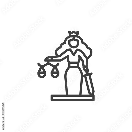 Statue of justice line icon. linear style sign for mobile concept and web design. Themis Statue with Justice Scales outline vector icon. Symbol, logo illustration. Vector graphics