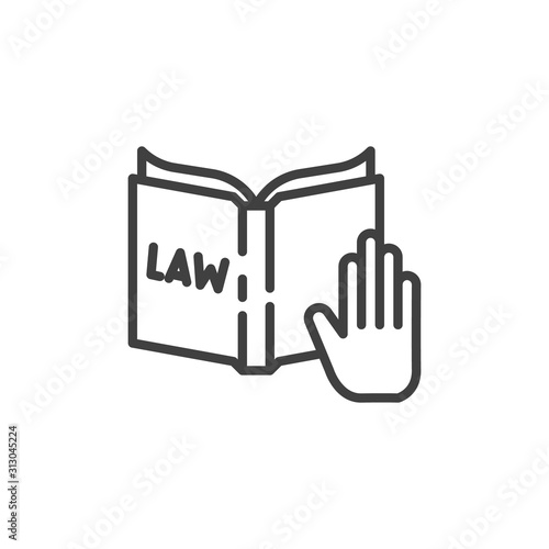 Hand and Law book line icon. linear style sign for mobile concept and web design. Truth, oath on constitution book outline vector icon. Law and Justice symbol, logo illustration. Vector graphics