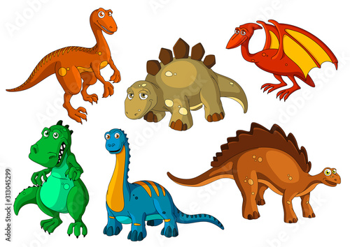 Dinosaur animal cartoon icon set. Funny dino prehistoric reptiles and predators. Jurassic monster, brontosaurus, raptor, tyrannosaurus, stegosaurus and pterodactyl, velociraptor apatosaurus