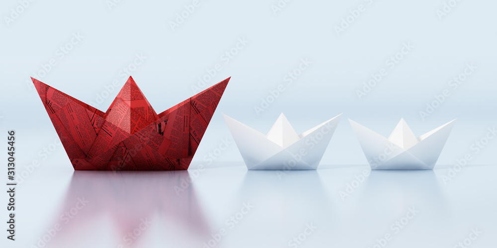 Red paper ship leading white regular paper ships. 3D illustration Red paper ship leading white regular paper ships. 3D illustration