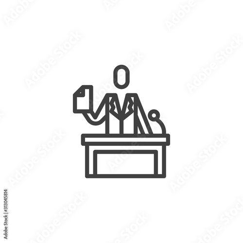 Legal defence, lawyer on podium line icon. linear style sign for mobile concept and web design. Advocate or barrister giving speech outline vector icon. Symbol, logo illustration. Vector graphics