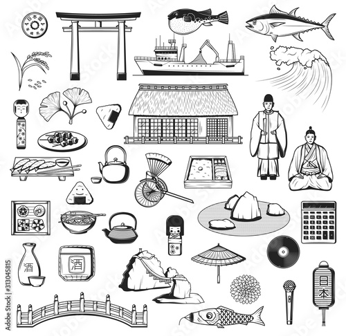 Japanese vector icons with culture, travel and food symbols of Japan. Pagoda, fish and lantern sketches, sake, sushi and umbrella, tea ceremony, torii gate and rice, bridge, wave, carp and samurai