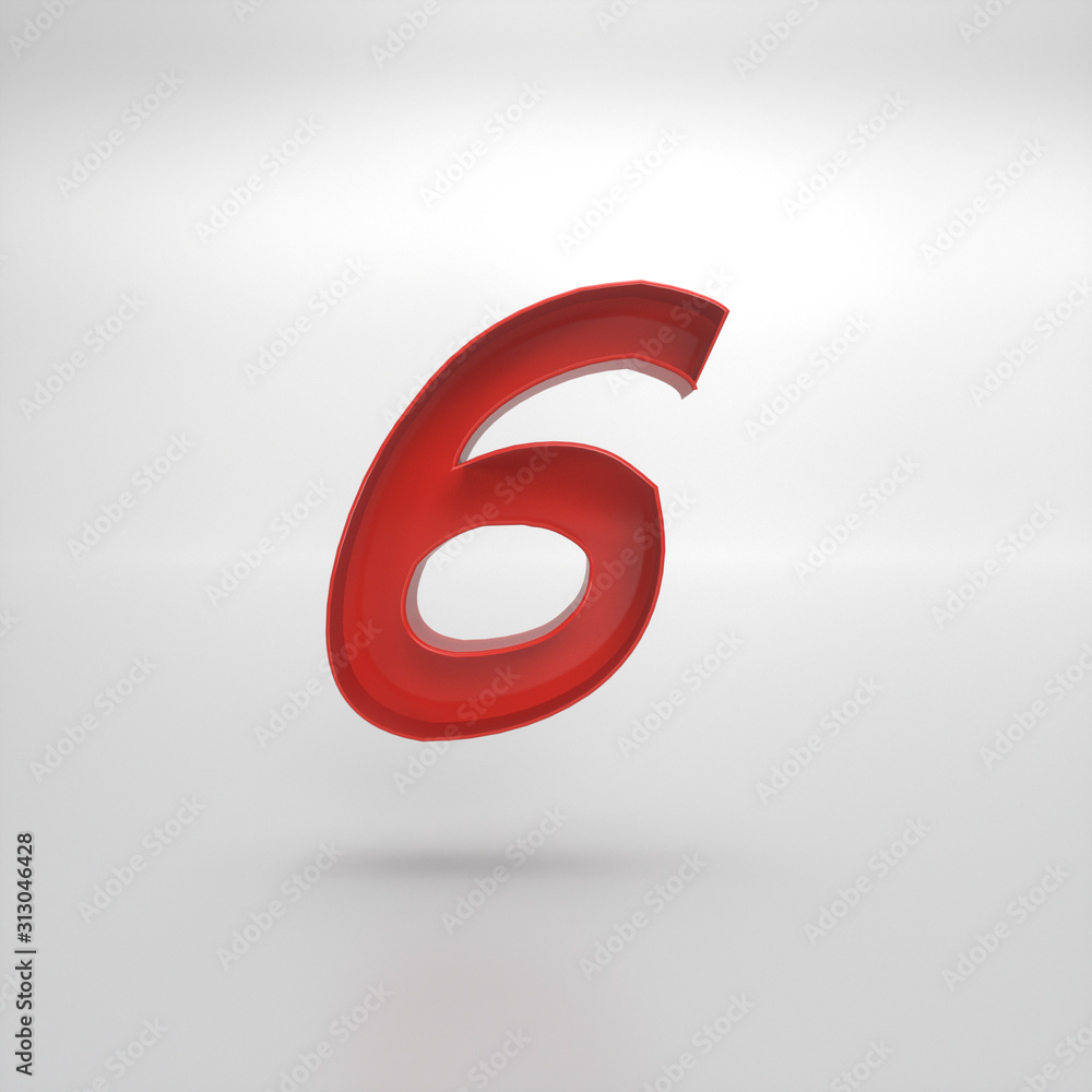 3d rendering of the number 6 in red gloss on a white isolated background. 3d rendering of the number 6 in red gloss on a white isolated background.