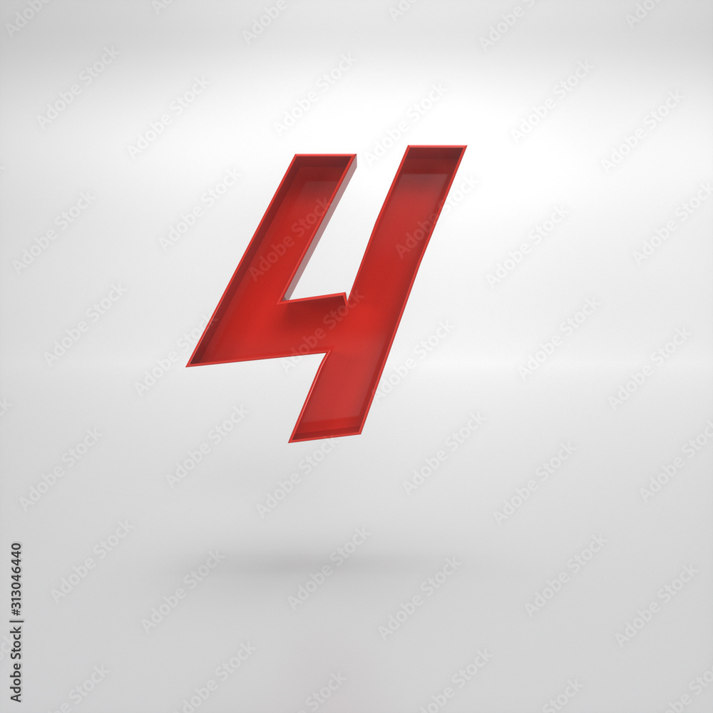 Fototapeta premium 3d rendering of the number 4 in red gloss on a white isolated background.