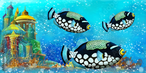 cartoon scene with fishes in the beautiful underwater kingdom coral reef - illustration for children © honeyflavour