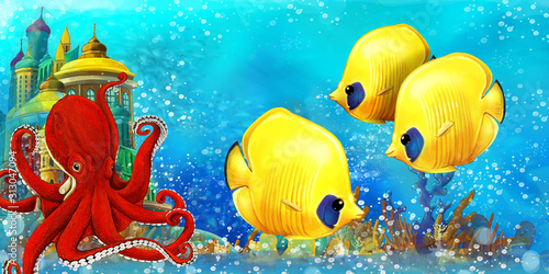 Fototapeta Naklejka Na Ścianę i Meble -  cartoon scene with fishes in the beautiful underwater kingdom coral reef - illustration for children