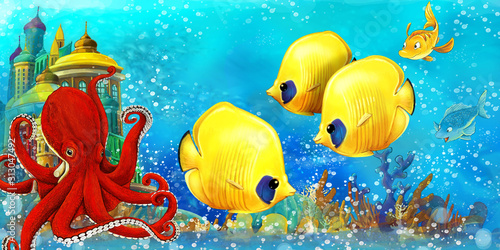 Fototapeta Naklejka Na Ścianę i Meble -  cartoon scene with fishes in the beautiful underwater kingdom coral reef - illustration for children