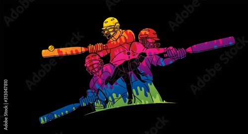 Group of Cricket players action cartoon sport graphic vector.