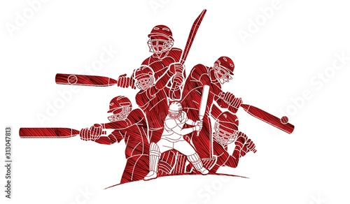 Group of Cricket players action cartoon sport graphic vector.