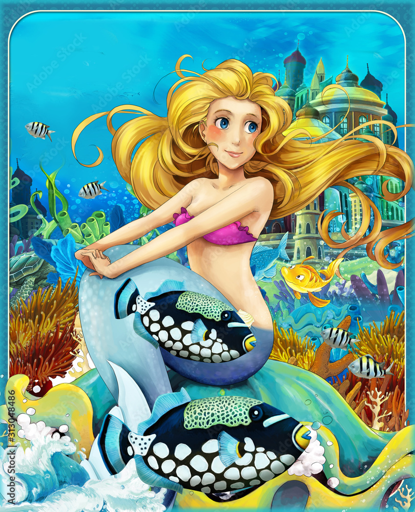 Fototapeta cartoon scene with mermaid princess sitting on big shell in underwater kingdom with fishes - illustration for children