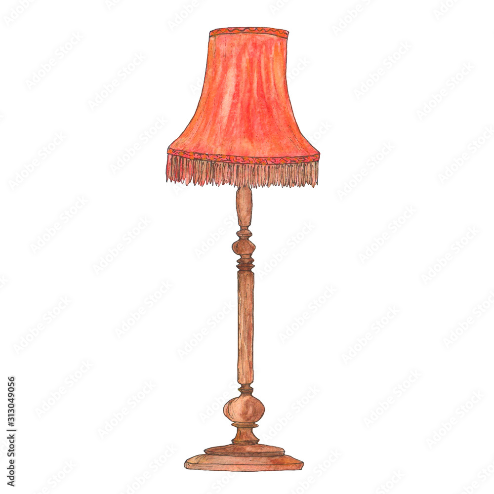 Floor lamp with red lampshade and fringe. Watercolor sketch ilustración de  Stock | Adobe Stock
