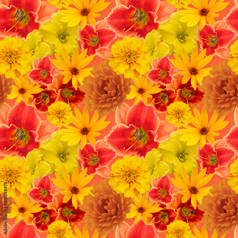 Seamless floral background with orange and yellow flowers.