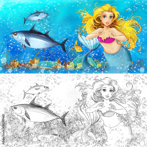 cartoon scene with mermaid princess sitting on big shell in underwater kingdom with fishes with coloring page - illustration for children