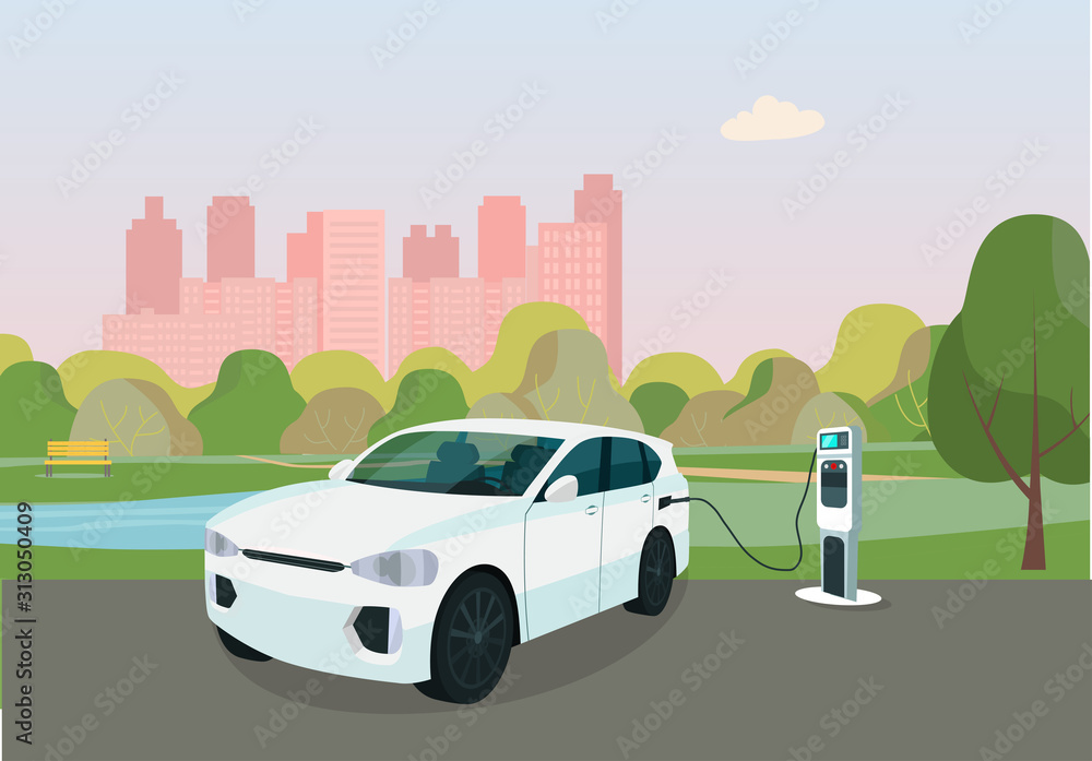Electric CUV car in a city. Electric car is charging. Vector flat style illustration.