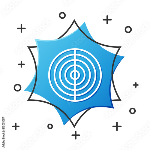White line Earth structure icon isolated on white background. Geophysics concept with earth core and section layers earth. Blue hexagon button. Vector Illustration