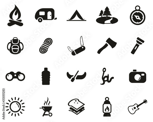 Camping Or Outdoor Adventure Icons Black & White Set Big