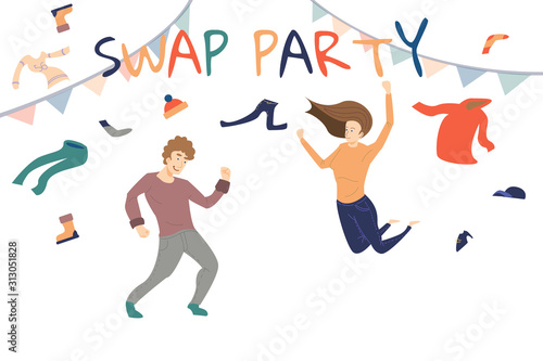 people swaping their old clothes. Clothes donation concept vector illustration. RGB vector swap party.
