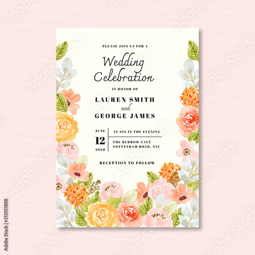 wedding invitation with soft floral watercolor background