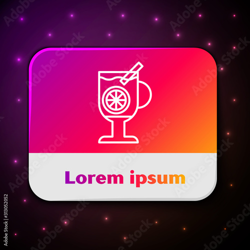White line Mulled wine with glass of drink and ingredients icon isolated on black background. Cinnamon stick, clove, lemon slice. Rectangle color button. Vector Illustration