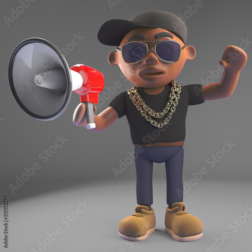 3d cartoon black hiphop rapper emcee character wearing a baseball cap and using a loudhailer bullhorn megaphone, 3d illustration photo