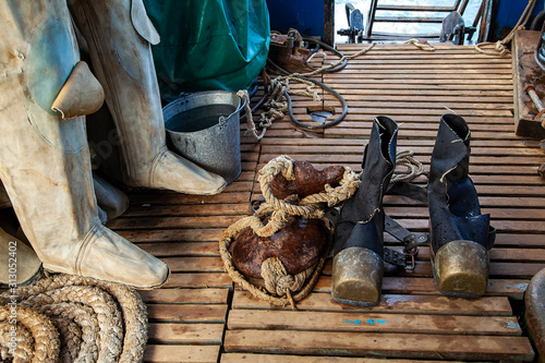 old diving equipment on board close-up photo