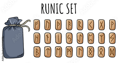 Set of wooden runes and cotton pouch bag. Collection of hand drawn doodles of carved runic symbols on wood. Vector illustration of celtic glyphs