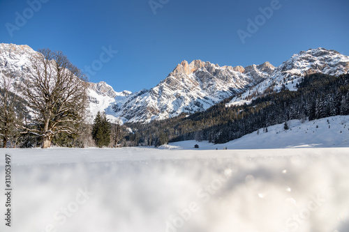Sunny winter landscape in the nature: Mountain range, snowy trees, sunshine and blue sky