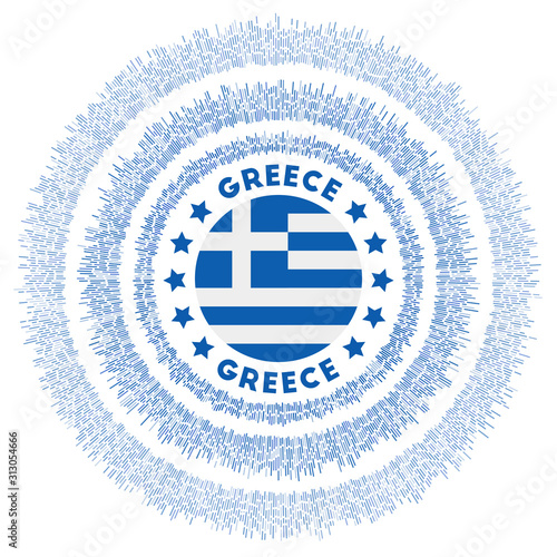 Greece symbol. Radiant country flag with colorful rays. Shiny sunburst with Greece flag. Radiant vector illustration.