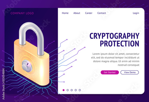 Cryptography protection, vector web banner isometric concept. Large lock with combination lock and electronic digital connections, Internet security from cybercrime, safety, landing website page