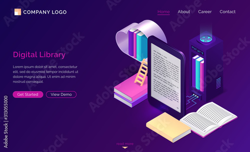 Online digital library isometric concept vector illustration. Virtual cloud shelf with books, server and open e-book screen isolated on purple background, landing page website, electronic reading