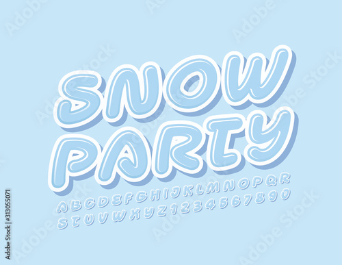 Vector stylish Sign Snow Party. Creative White Font. Playful Alphabet Letters and Numbers.