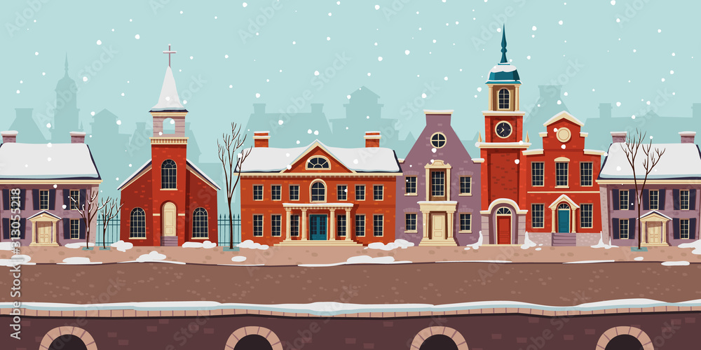 Fototapeta Miastowy uliczny zima krajobraz XVIII wiek z mieszkaniowymi, rządowymi i kościelnymi kolonialnymi budynkami z białym śniegiem, retro kreskówka wektoru tło. Gród z chodnikiem, fasady, zabytkowe miasto