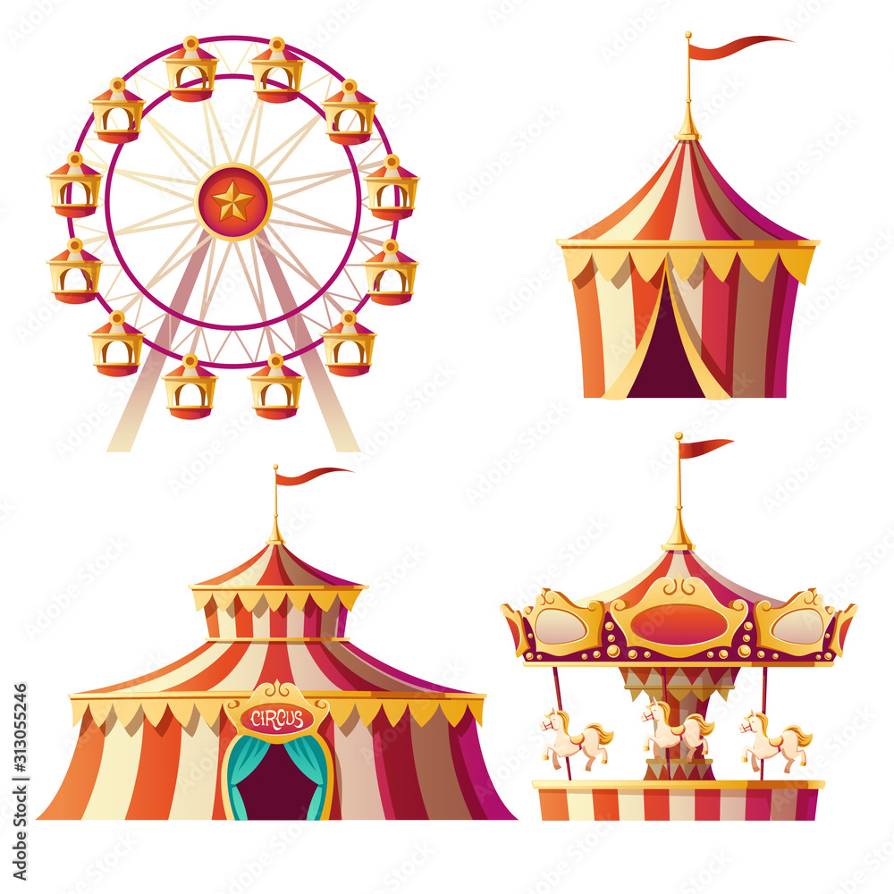 Amusement park, carnival or festive fair cartoon vector illustration.  Merry-go-round, circus tent and ferris wheel, elements for children summer  fun isolated on white background, announcement set Stock Vector | Adobe  Stock