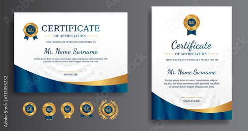 Premium gold and blue certificate of appreciation template, clean modern design with gold badge