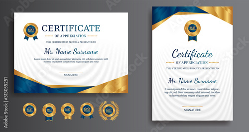 Premium gold and blue certificate of appreciation template, clean modern design with gold badge
