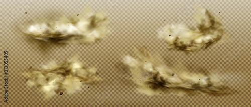 Desert sandstorm, brown dusty cloud or dry sand flying with gust of wind, big explosion realistic texture with small particles or grains vector illustration set isolated on transparent background