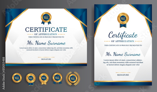 Premium gold and blue certificate of appreciation template, clean modern design with gold badge