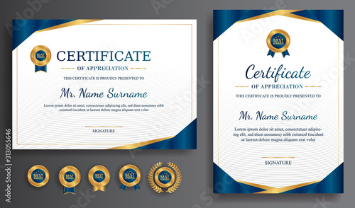 Premium gold and blue certificate of appreciation template, clean modern design with gold badge