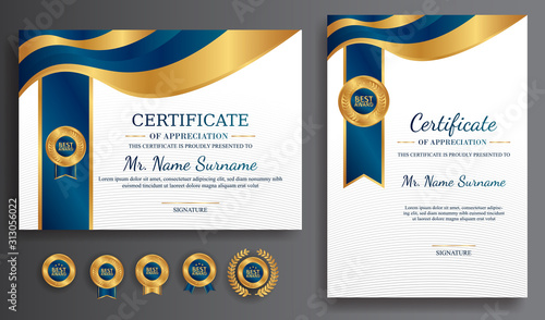Premium gold and blue certificate of appreciation template, clean modern design with gold badge