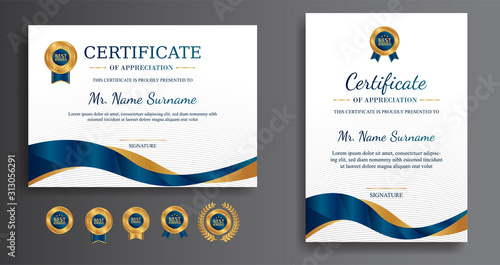 Premium gold and blue certificate of appreciation template, clean modern design with gold badge