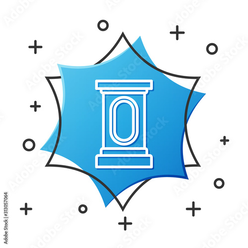 White line Stage stand or debate podium rostrum icon isolated on white background. Conference speech tribune. Blue hexagon button. Vector Illustration