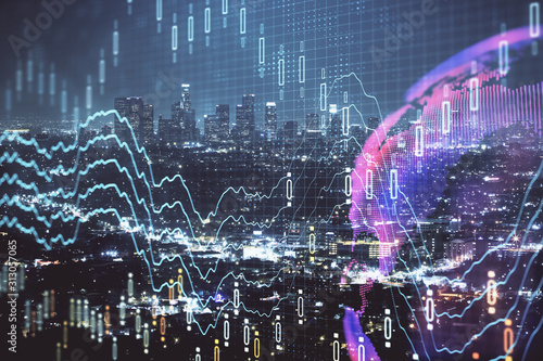 Financial graph on night city scape with tall buildings background multi exposure. Analysis concept.