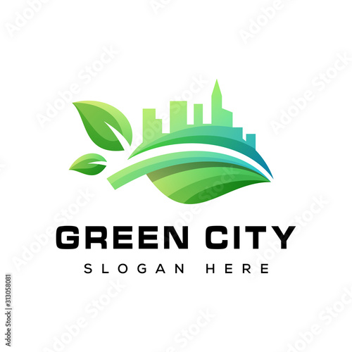 green city leaf logo, nature building with fresh leaf logo template