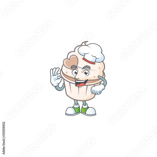 White cream love cupcake cartoon character wearing costume of chef and white hat
