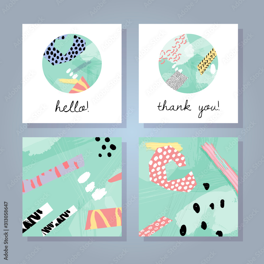 Abstract colorful collage backgrounds set. Hand drawn templates for card, flyer and invitation design.