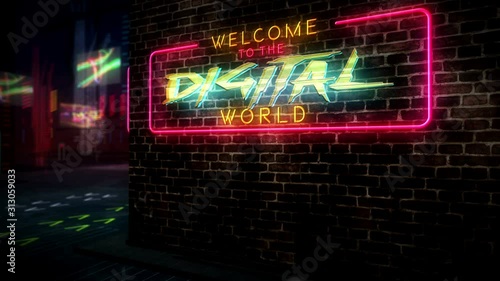 Digital world hologram and neon. Futuristic cyberpunk style animation. Modern abstract art 3d rendering intro with glitch effect. Sci-fi, Virtual space, science and cyber city concept.